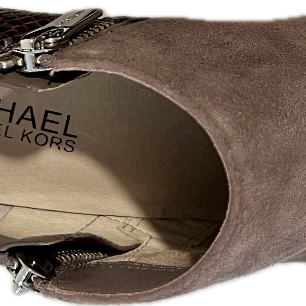 Michael Kors high heel bootie.  Taupe suede and rich brown snake skin leather. - Picture 5 of 6